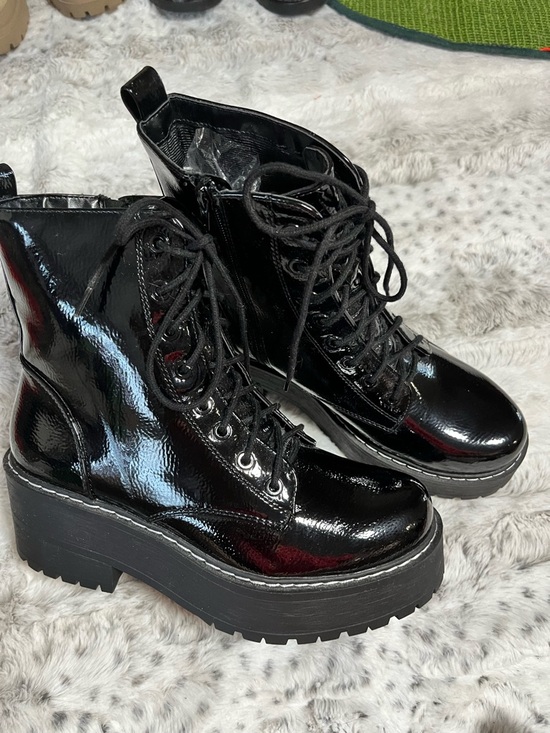 Shoes - Black Patent Platform Lace-Up Combat Boots - Women's